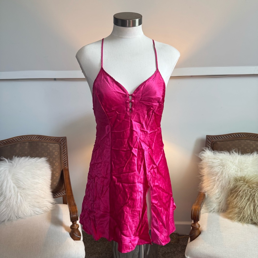 Vintage 90s Victoria’s Secret Hot Pink Silk Slip Mini Dress, Gold Label